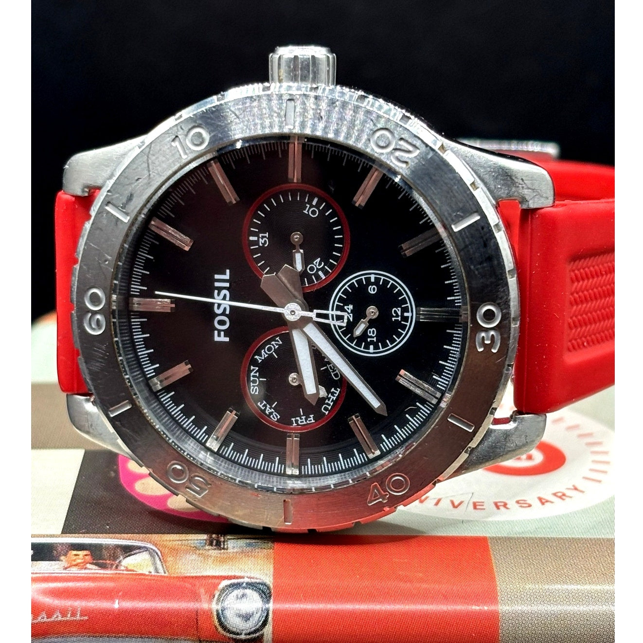Fossil Kipton BQ1061 Black Dial Red Silicone Strap Multifunction Watch 42mm