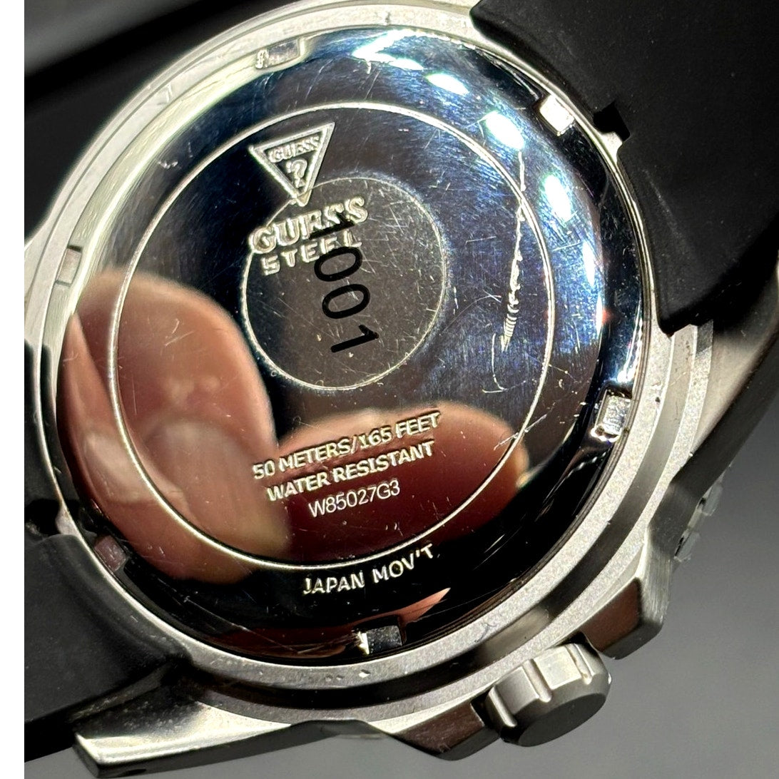 GUESS W85027G3 Men's Multifunction Clear Bezel Black Silicone Strap 44mm Watch