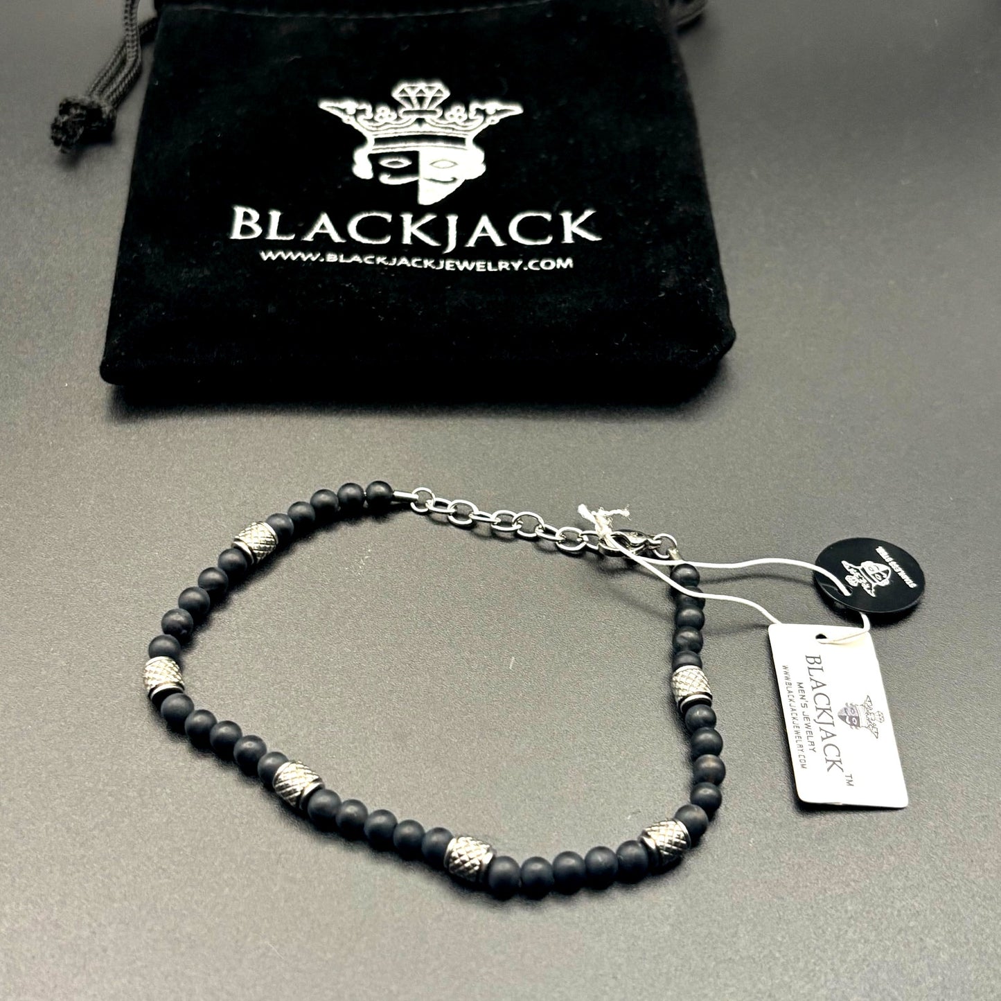 Blackjack BJS37BON Mens Genuine Onyx Stainless Steel Beaded Bracelet NIBWT