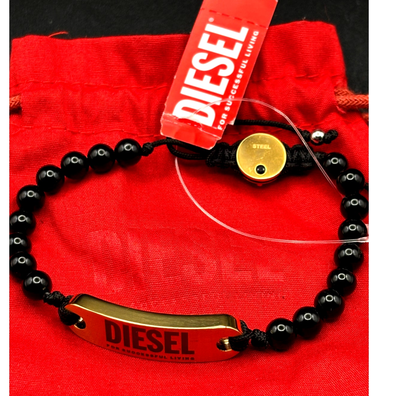 Diesel DX1360710 Men’s Black Bead Gold Tone ID Adjustable Bracelet NIBWT