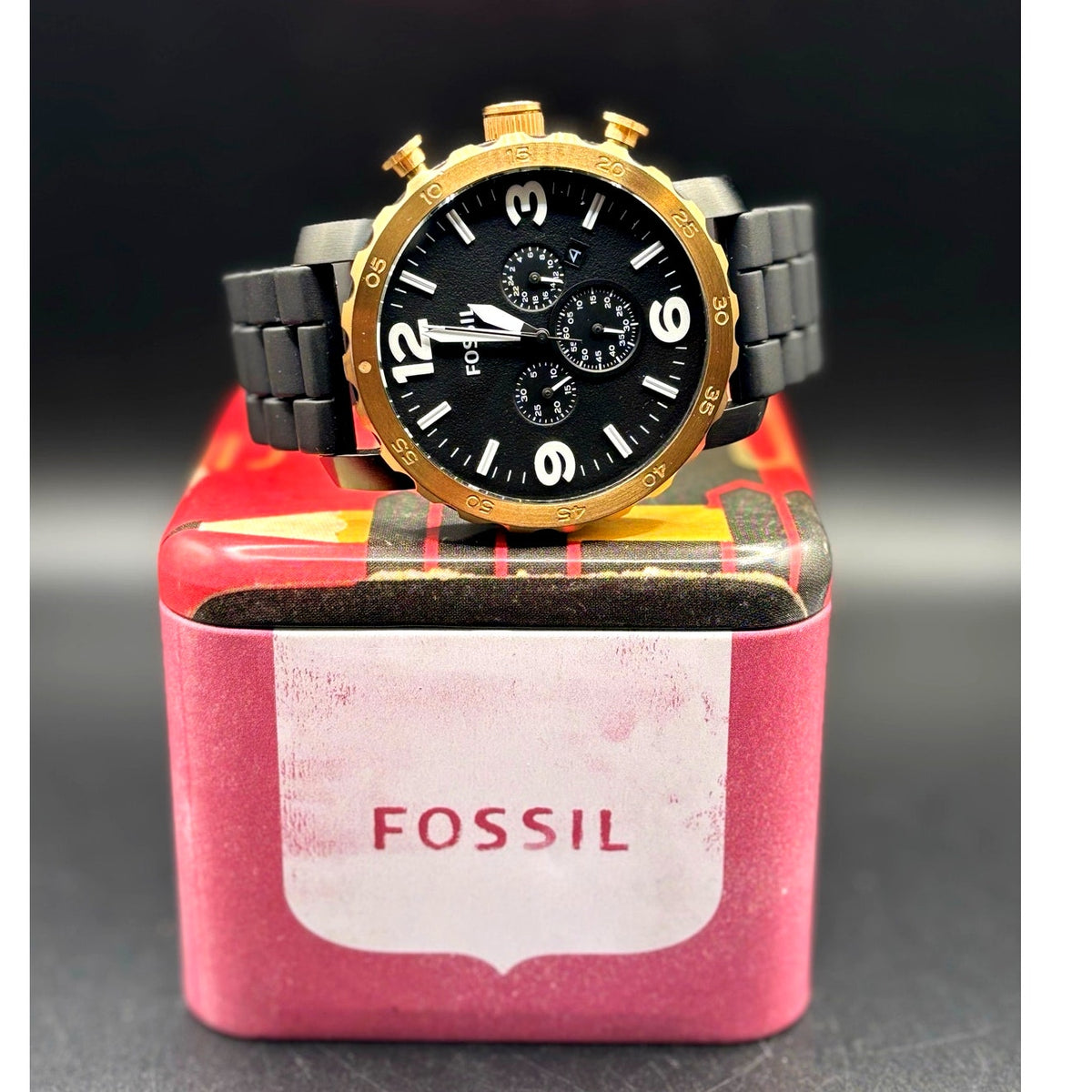 Fossil Nate JR1369 Chronograph 50mm Rose Gold Black Silicone Men’s Watch