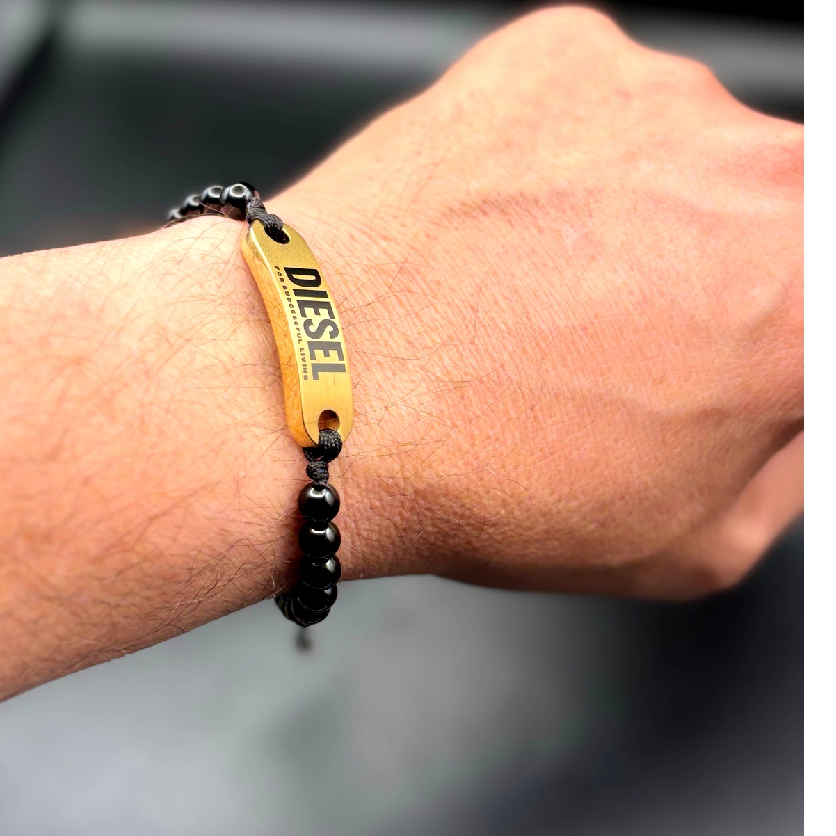 Diesel DX1360710 Men’s Black Bead Gold Tone ID Adjustable Bracelet NIBWT