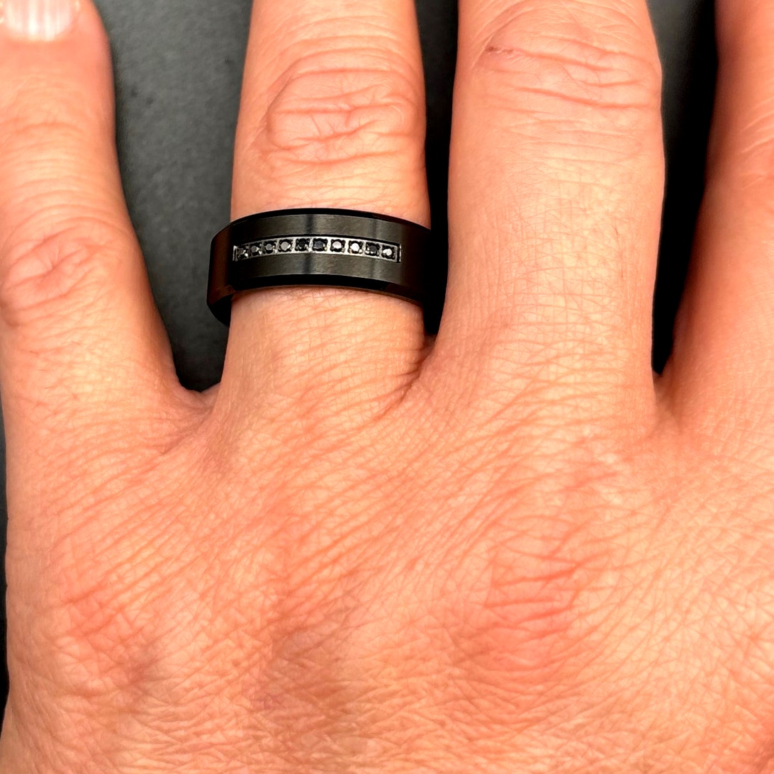 Blackjack BJR55B Men’s Black Stainless Steel Ring with Black CZ Stones SZ12