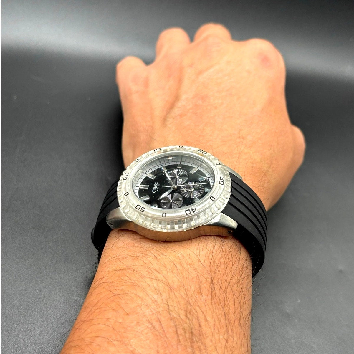 GUESS W85027G3 Men's Multifunction Clear Bezel Black Silicone Strap 44mm Watch