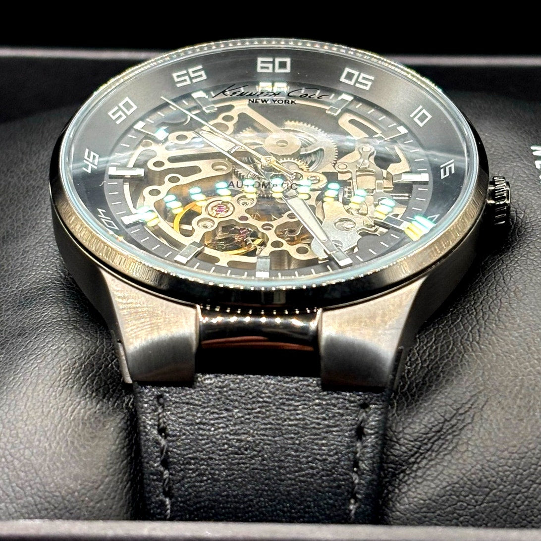 Kenneth Cole KC8048 Automatic Skeleton Men’s Watch Black Leather NIB