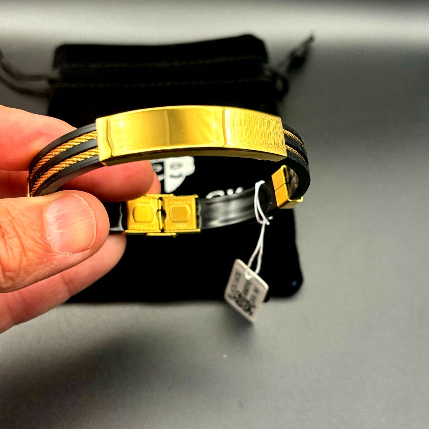 Blackjack BJB251G Mens Black Silicone Gold Stainless Steel Wire Bangle Bracelet