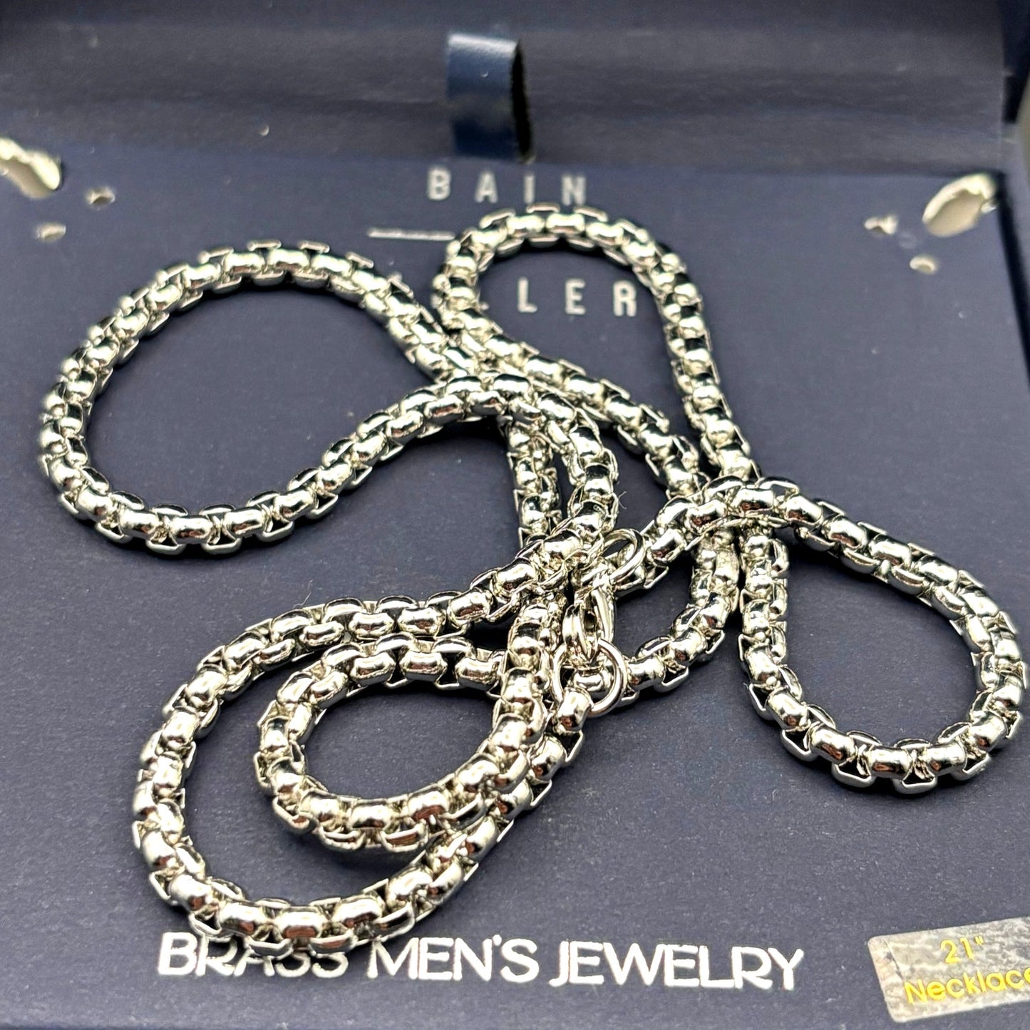Bain Miller Men’s Silver Tone Brass Box Chain Necklace 21 Inches NIB