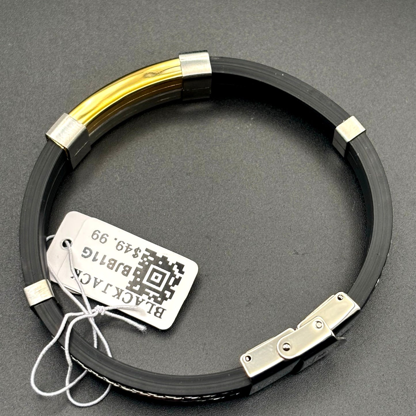 Blackjack BJB11G Mens Black Silicone Gold Stainless Steel Wire Bangle Bracelet
