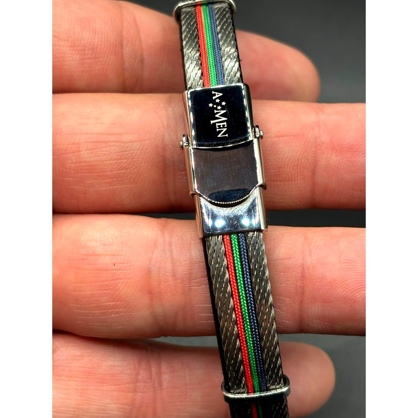 AMEN Italian Stainless Steel Cable Men's Bracelet Leather Red Green Blue NWT