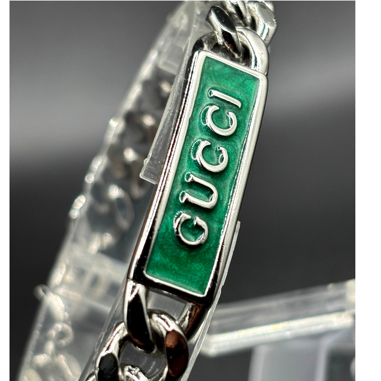 Gucci Sterling Silver Turquoise Enamel Logo ID Unisex Bracelet 7.5 NIB
