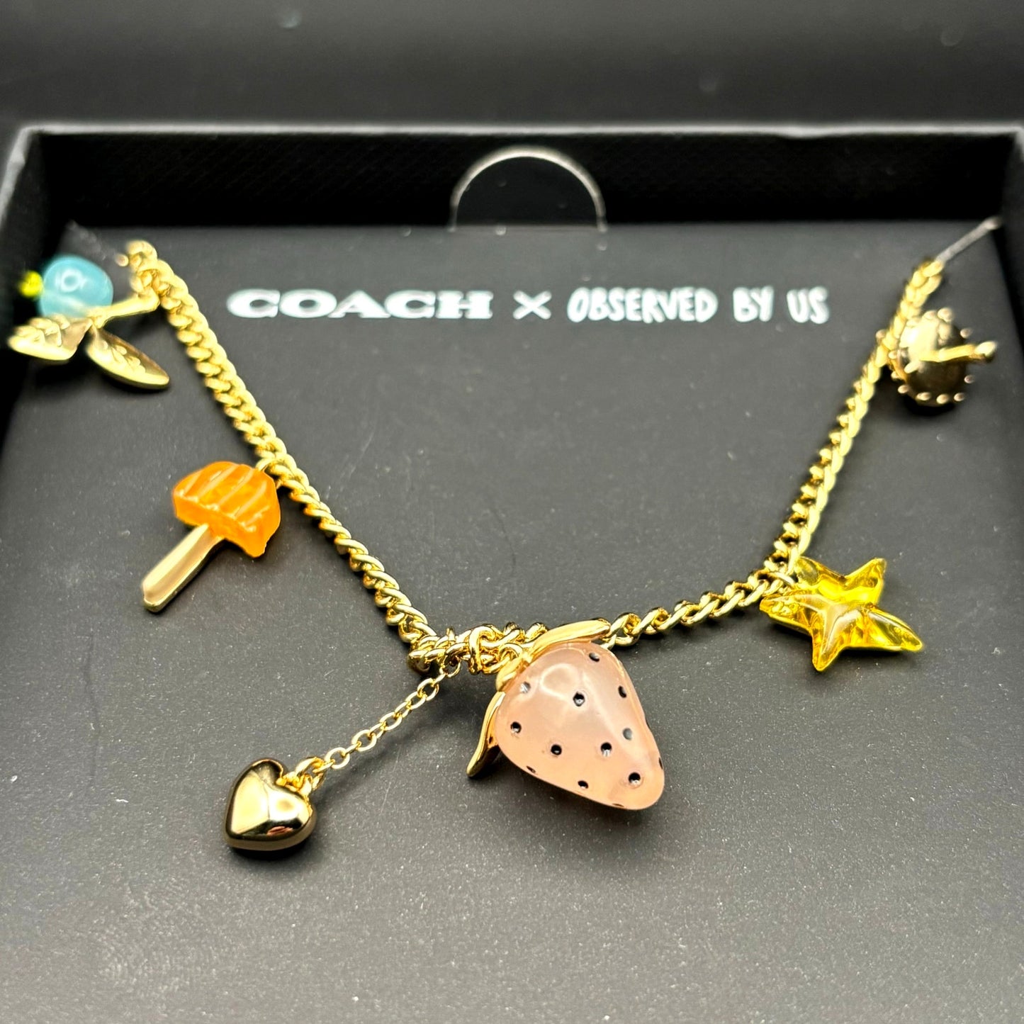 Coach x Observed By Us Charm Necklace Strawberry Heart Gold Tone NIB
