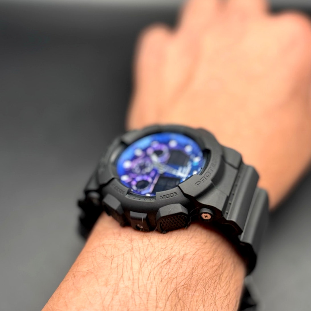Casio G-Shock GA100FL-1A Men’s Vibrant Black Blue Analog Digital Watch NIBWT