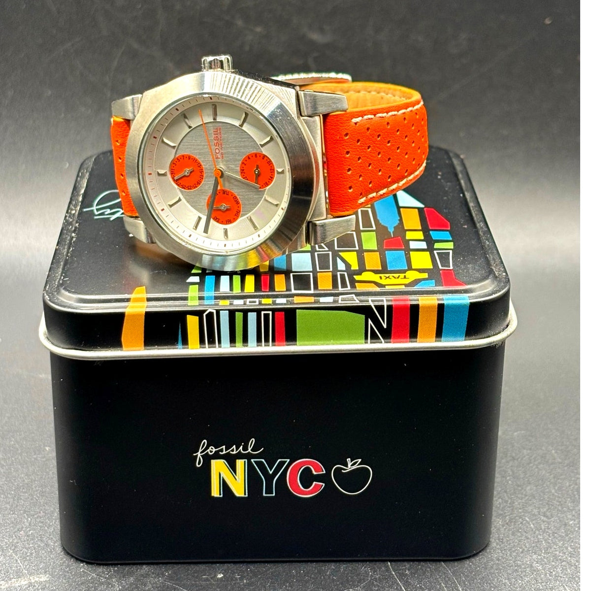 Fossil Boyfriend BQ9355 Multifunction Silver Orange Dial Leather Watch 50M