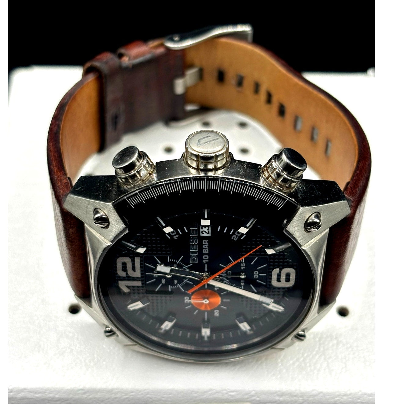 Diesel DZ4204 Men’s Overflow Chronograph Silver Case Brown Leather Watch