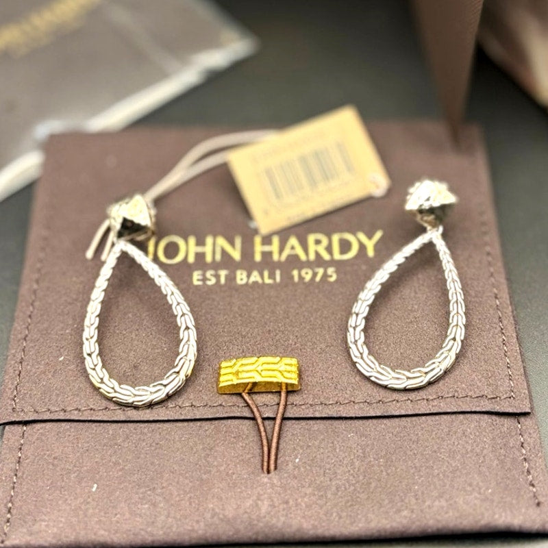 John Hardy 1833335 Womens Classic Chain Hammered Silver Pear Drop Earrings NIBWT