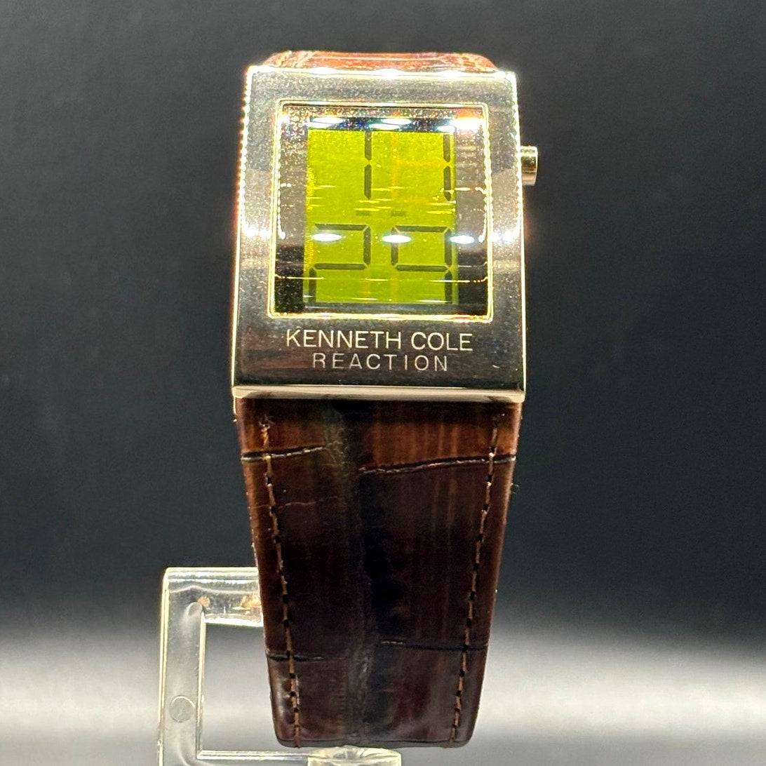 Kenneth Cole Reaction KC1398 Digital Gold Tone Brown Embossed Leather Watch Y2K