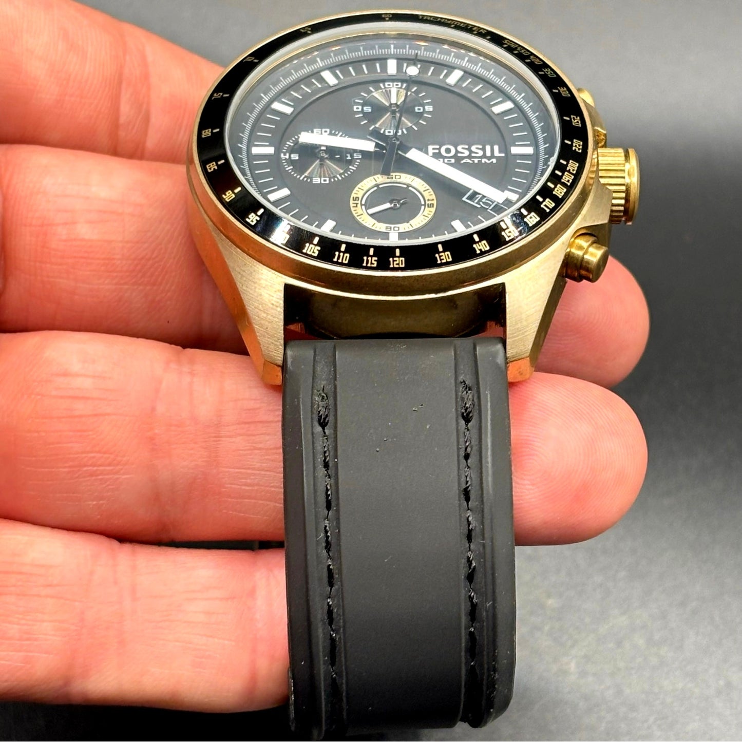 Fossil Decker DE-5003 Chronograph Black Dial Bronze Tone Silicone Strap Watch