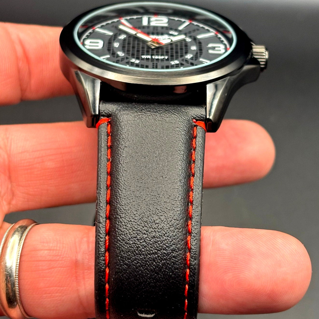 Wrangler WRW2400-1A Mens Black Analog Watch Black Leather Red Stitching Strap