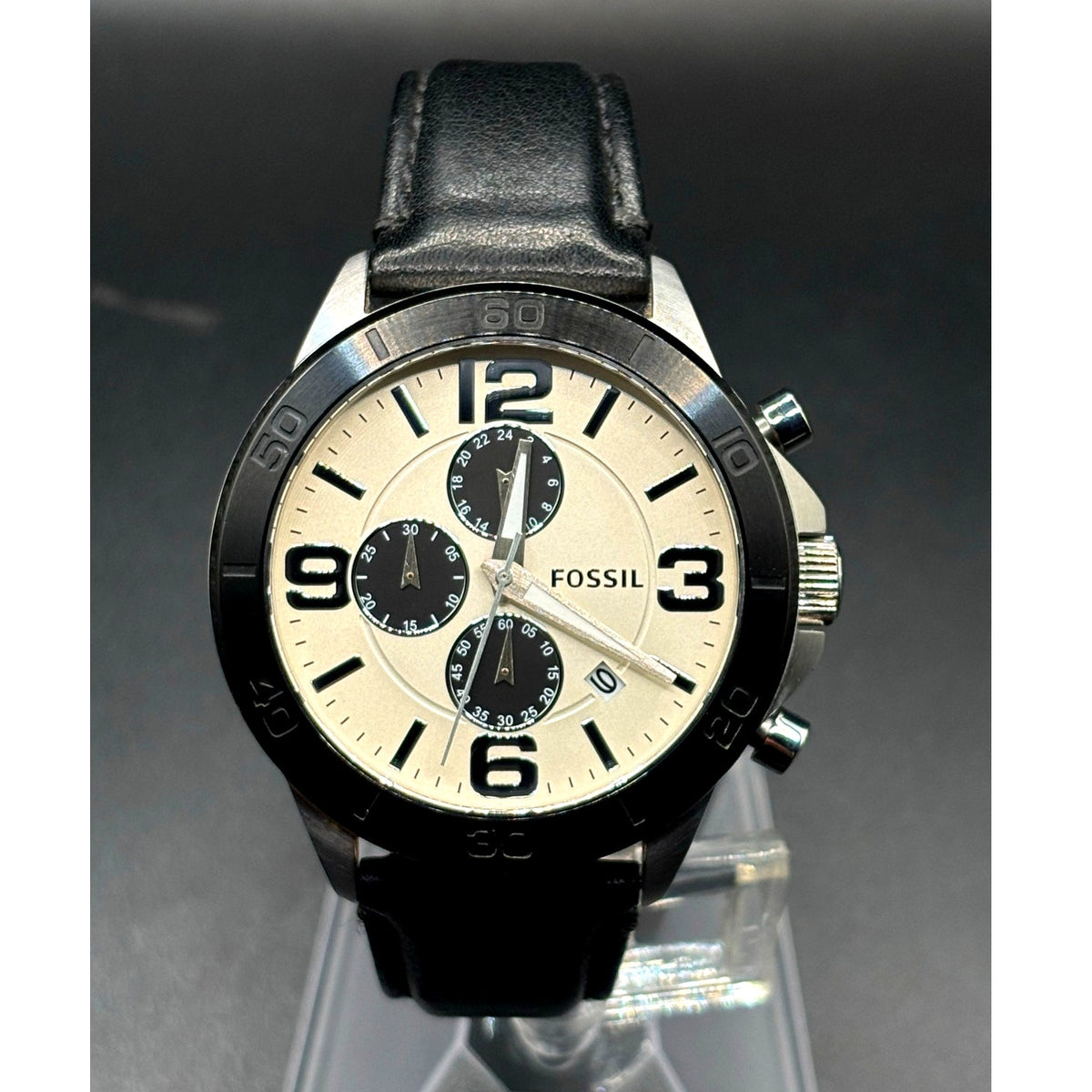 Fossil BQ2165 Chronograph Cream Dial Black Leather Men’s 45mm Watch