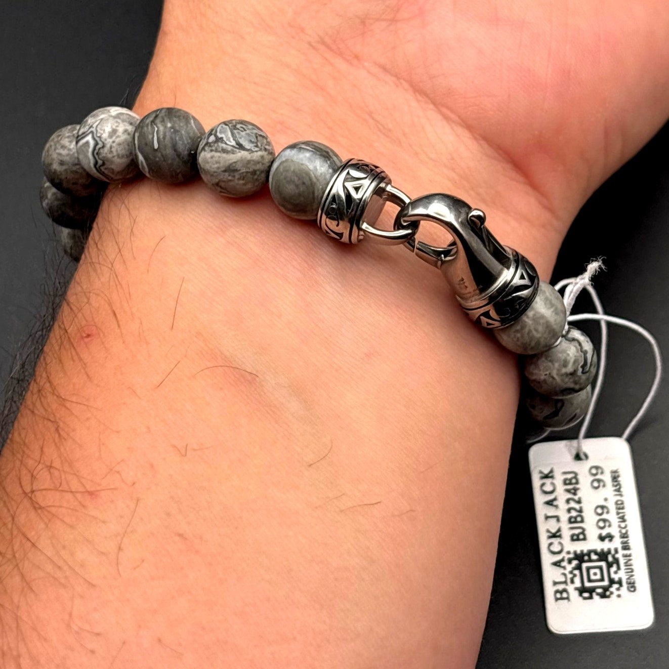 Blackjack BJB244BJ Men’s 10mm Gray Jasper Stainless Steel Beaded Bracelet NWT
