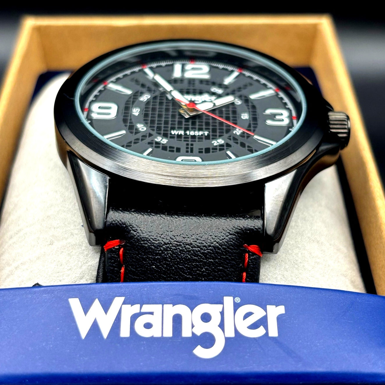 Wrangler WRW2400-1A Mens Black Analog Watch Black Leather Red Stitching Strap