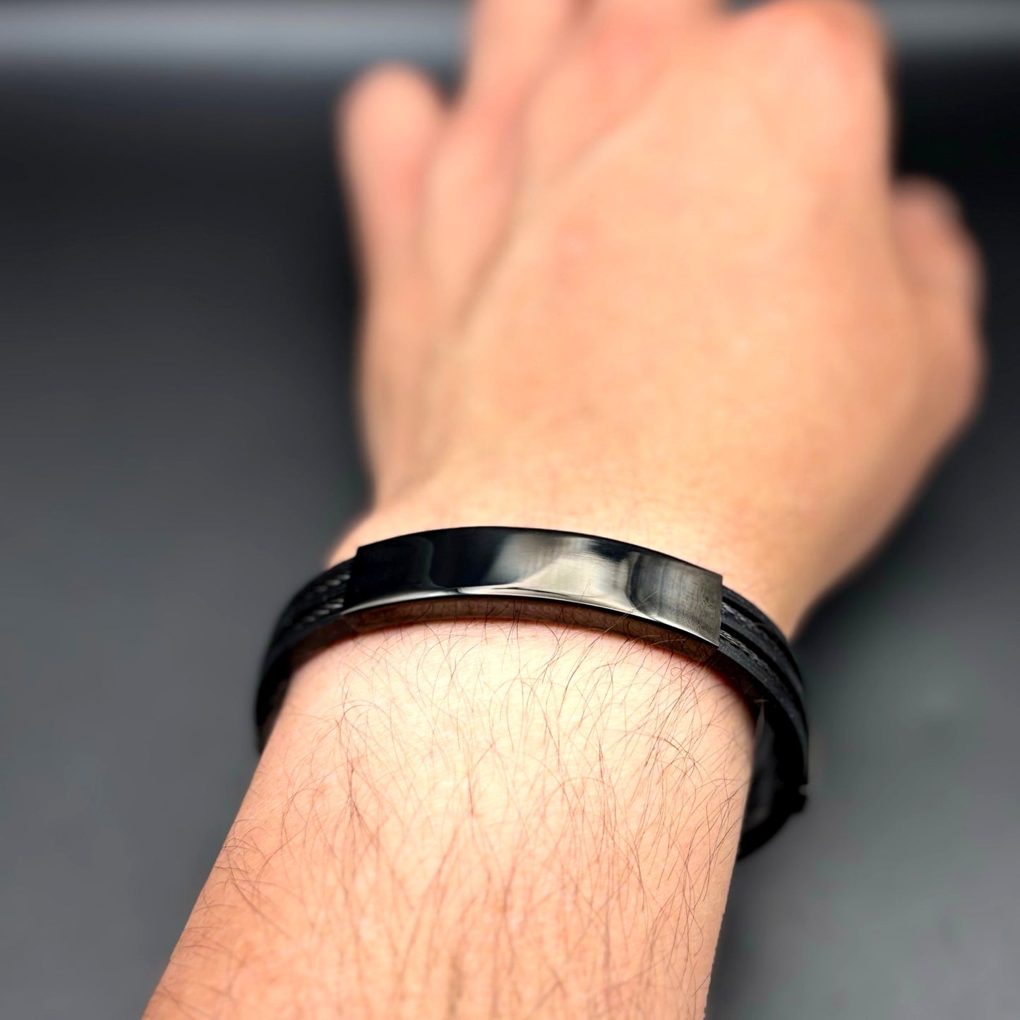 Blackjack BJB251B Men's Black Silicone Stainless Steel Bangle ID Bracelet NWT