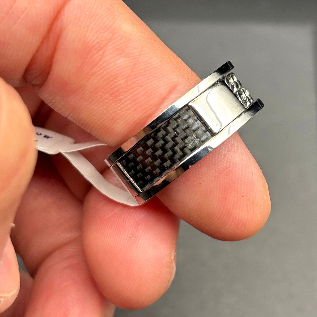 Blackjack BJR89W Men’s Stainless Steel Carbon Fiber Double Curb Link Ring SZ#10