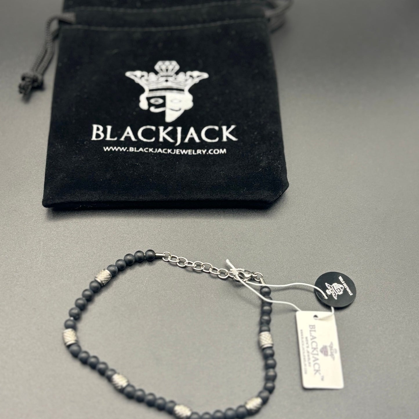 Blackjack BJS37BON Mens Genuine Onyx Stainless Steel Beaded Bracelet NIBWT