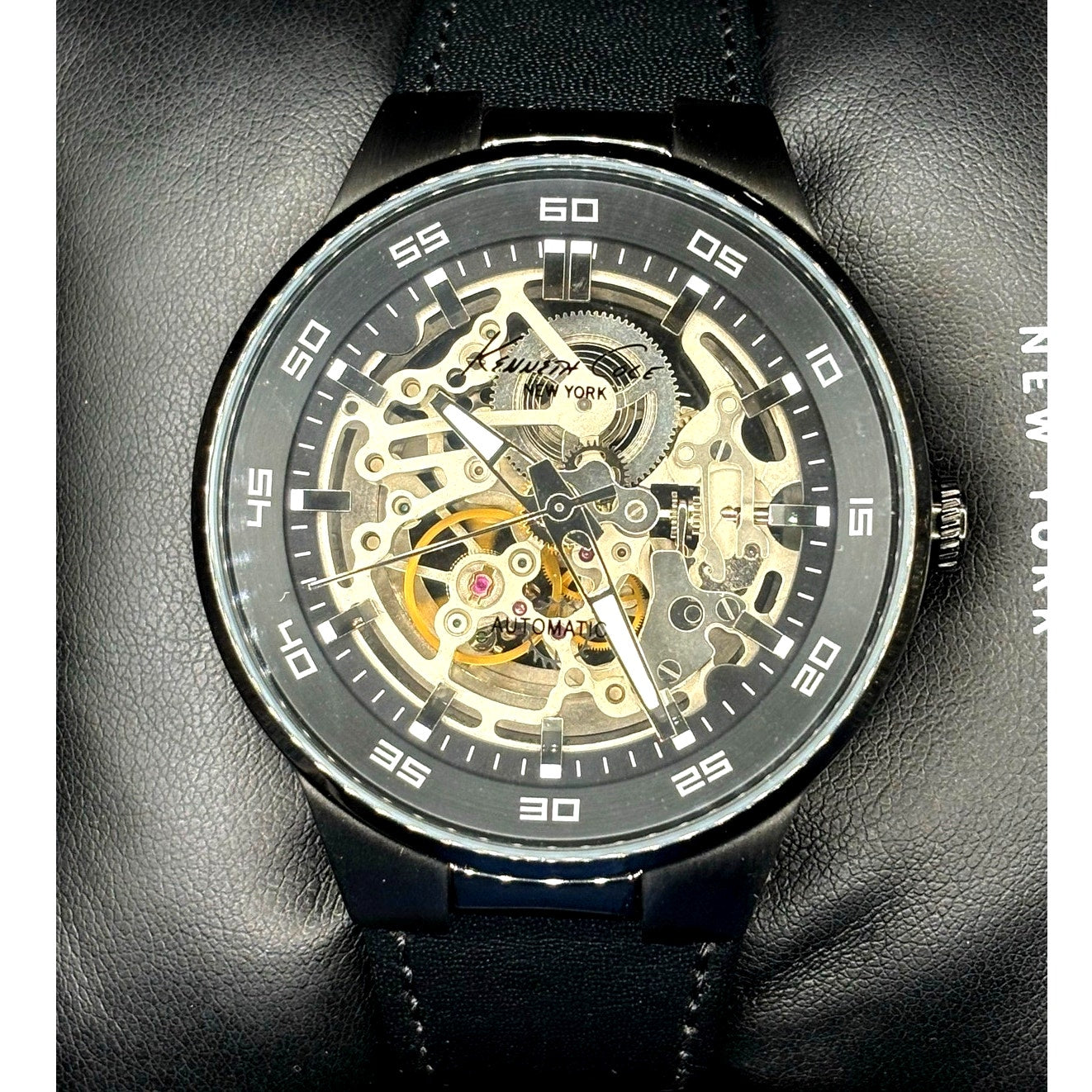 Kenneth Cole KC8048 Automatic Skeleton Men’s Watch Black Leather NIB