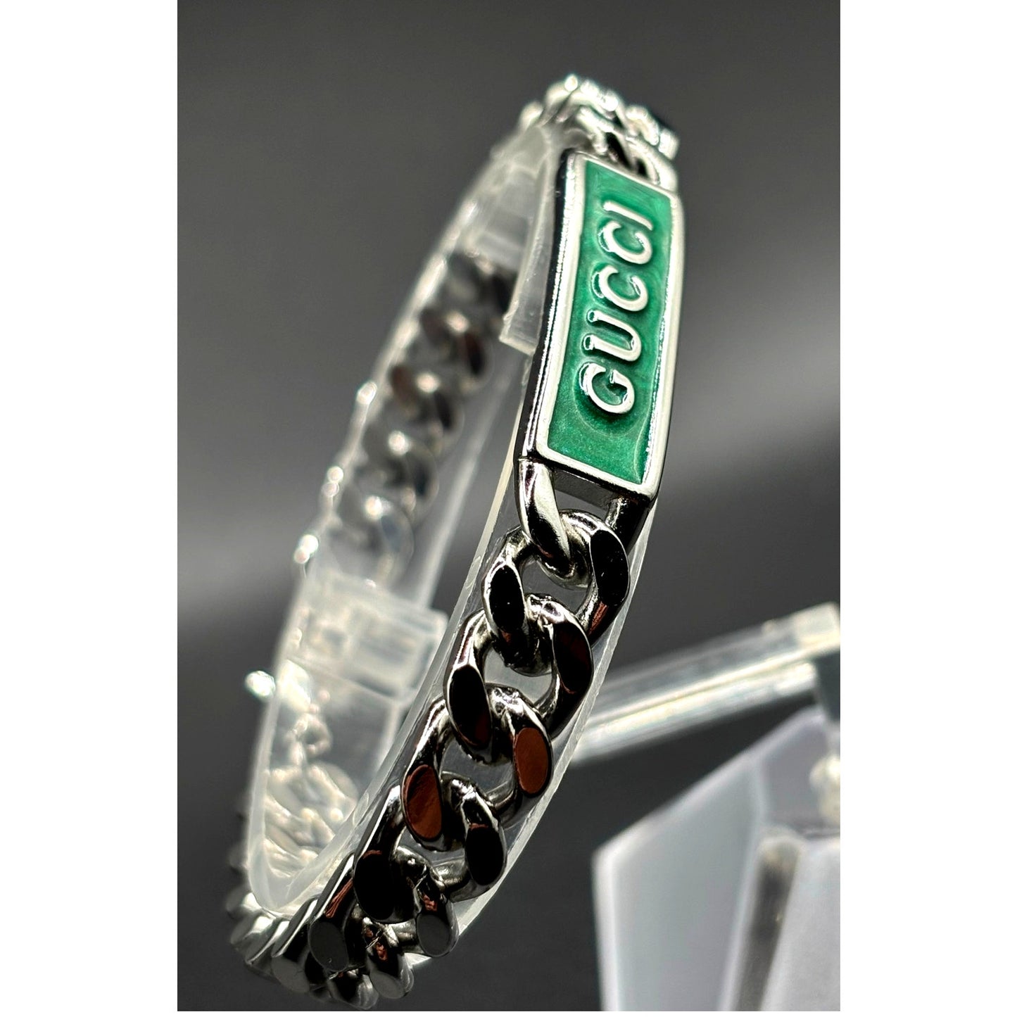 Gucci Sterling Silver Turquoise Enamel Logo ID Unisex Bracelet 7.5 NIB