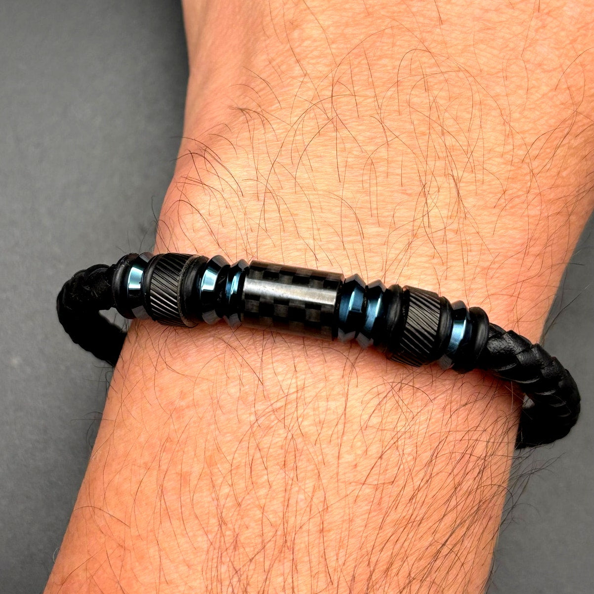 Blackjack BJB210BL Men's Leather Blue Stainless Steel Bracelet With Carbon Fiber