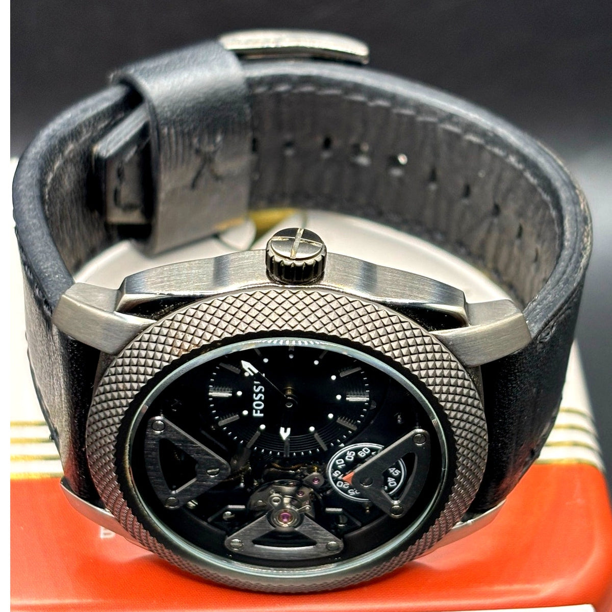 Fossil ME1129 Machine Twist Hybrid Smoke Gray Black Leather Men's Watch 45mm