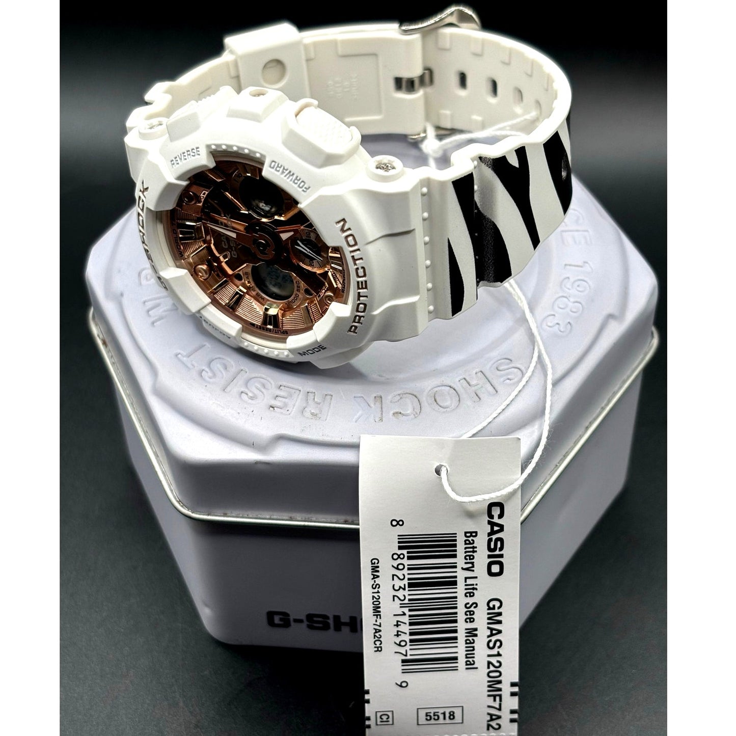 Casio G-Shock GMA-S120MF-7A2 White Rose Gold Zebra Strap NIBWT