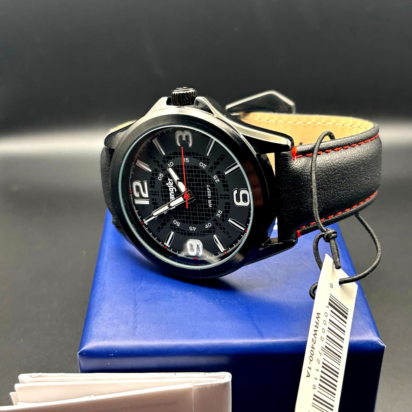 Wrangler WRW2400-1A Mens Black Analog Watch Black Leather Red Stitching Strap