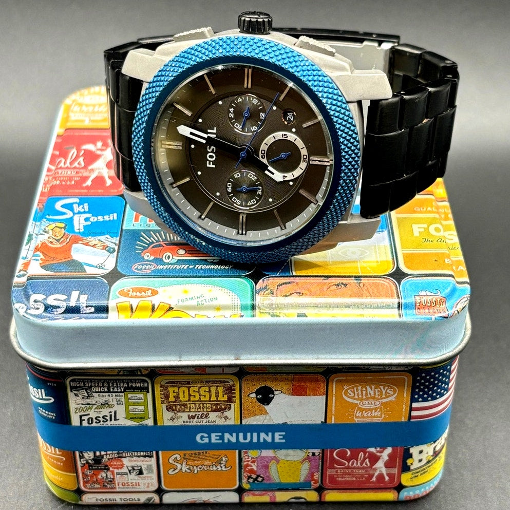 Fossil Machine FS4659 Men’s Chronograph Blue Bezel Gray Dial Black IP Watch