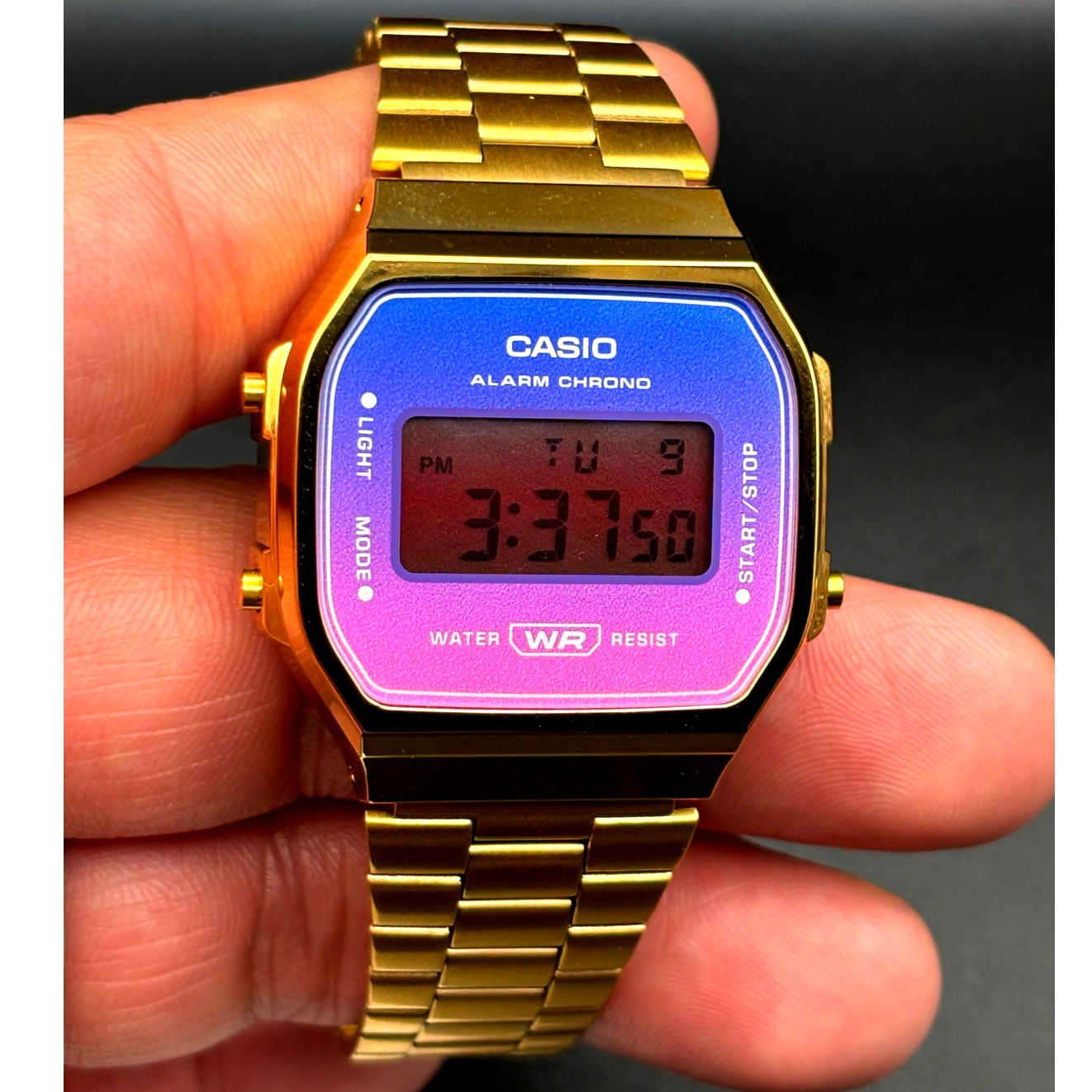 LWS Solarwave Prism A168 Gold Tone Stainless Steel Bracelet Digital Mod Watch
