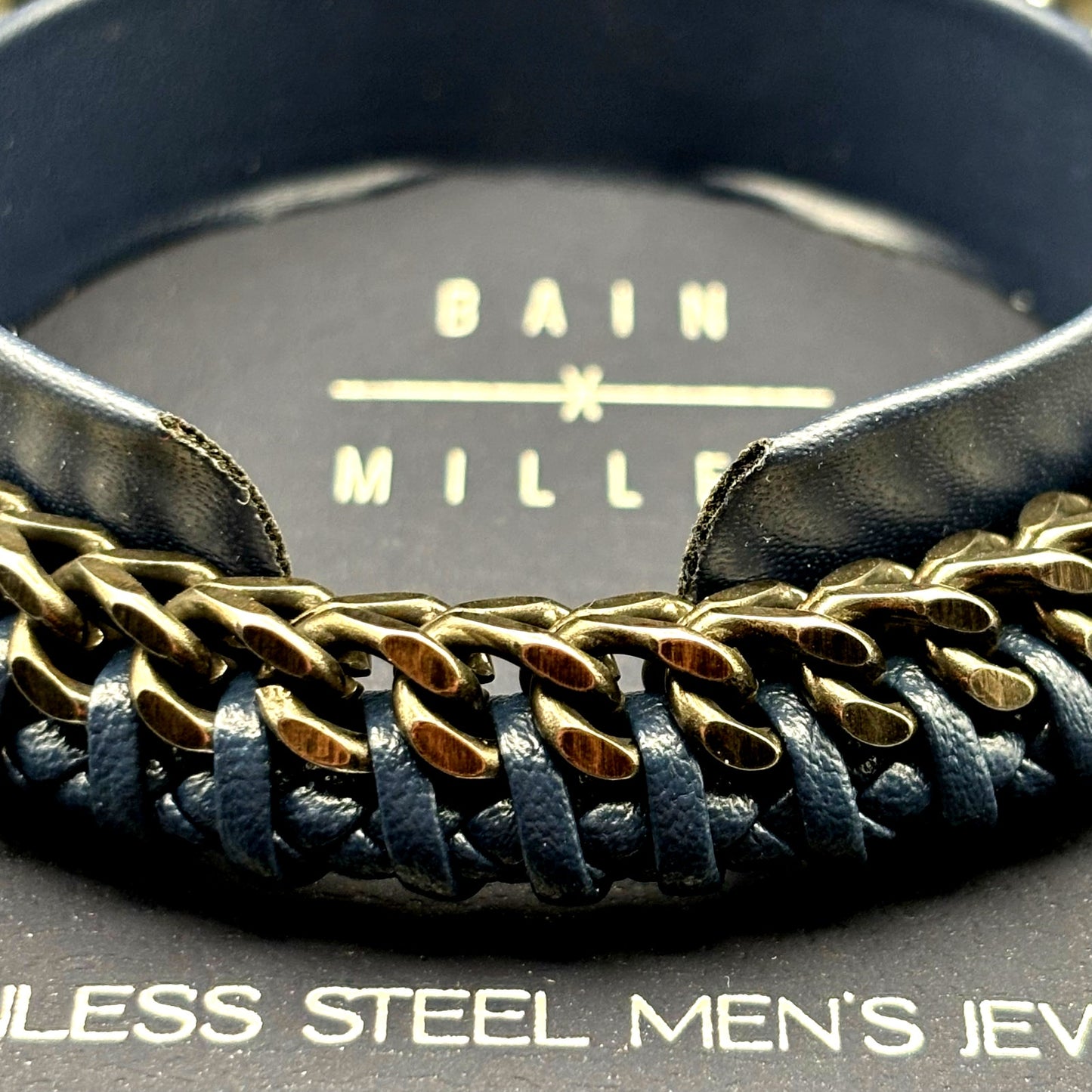 Bain Miller Mens Stainless Steel Blue Leather Woven Bracelet Slide Lock Clasp