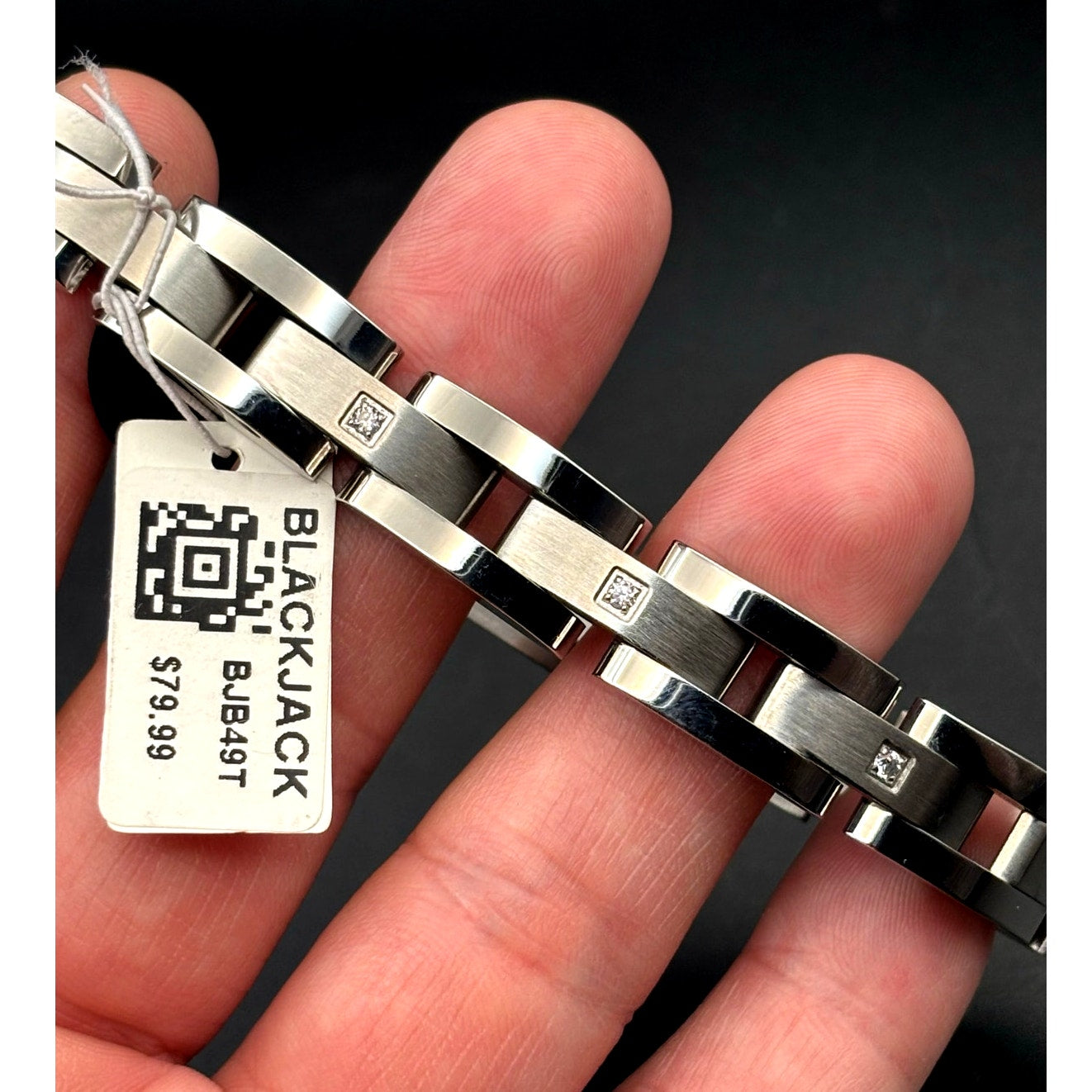 Blackjack BJB49T Men's Curved Link Stainless Steel Bracelet Cubic Zirconia NIBWT
