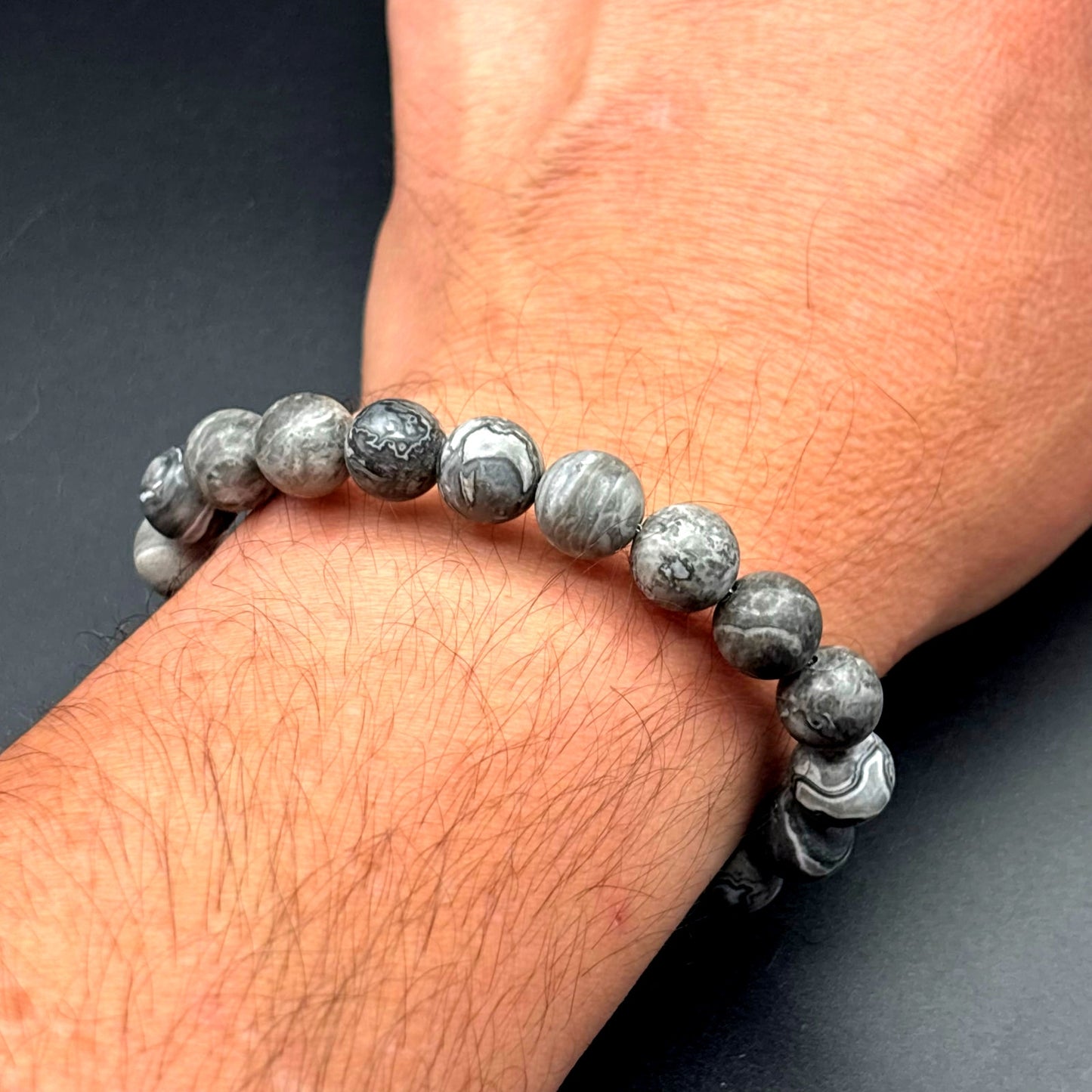 Blackjack BJB244BJ Men’s 10mm Gray Jasper Stainless Steel Beaded Bracelet NWT