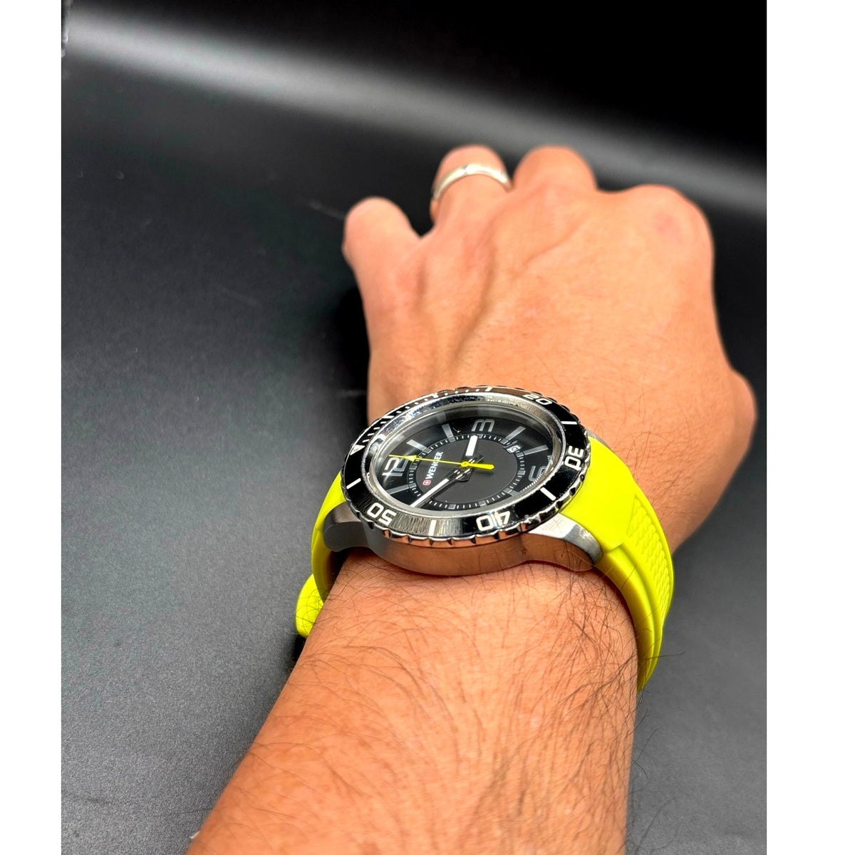 Wenger Roadster 01.0851.115 Swiss Made 45mm Black Dial Yellow Silicone Watch