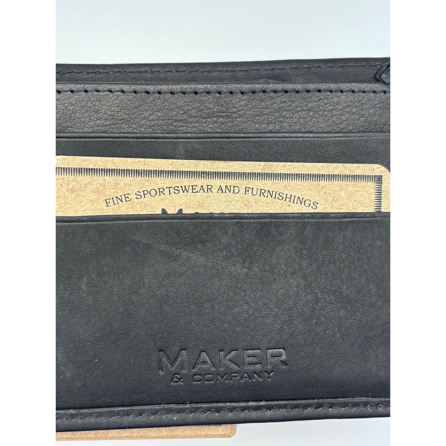 Maker & Company Leather Bifold Wallet. Black with White Stitching. New with Box
