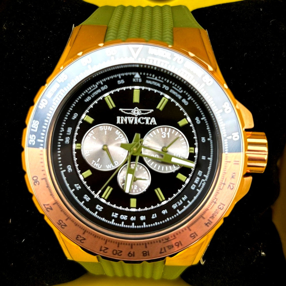 Invicta Aviator Skyshock 39311 50mm Men's Gold Green Silicone Strap Watch NIBWT