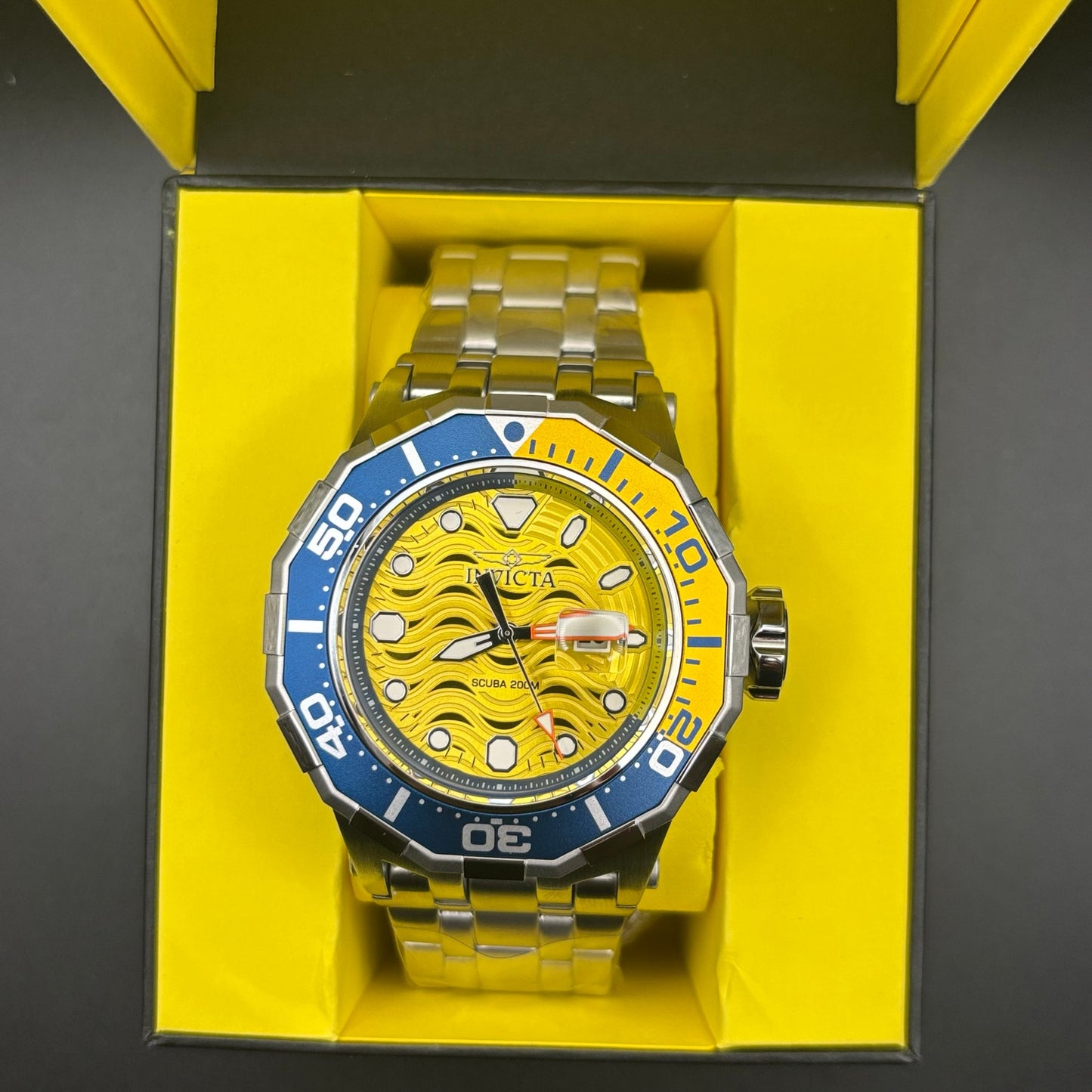 Invicta 47844 Pro Diver Wave Scuba Yellow Dial Blue Bezel Steel Alum Men's Watch