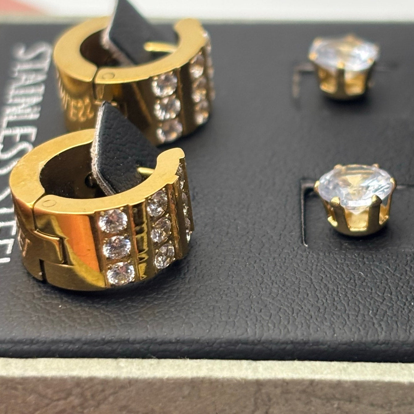 SteelTime Men’s Stainless Steel Earring Set – Gold Huggies + CZ Studs