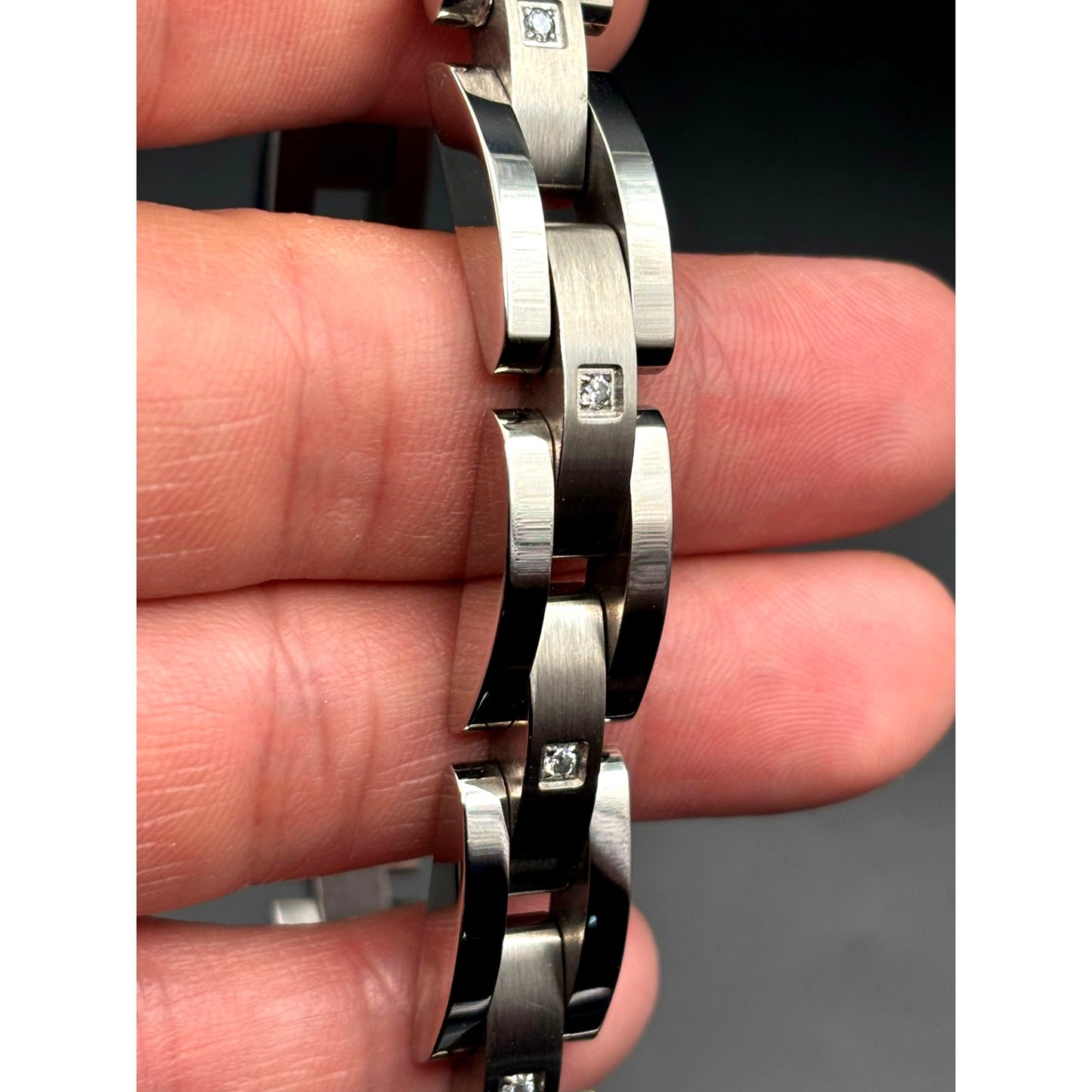 Blackjack BJB49T Men's Curved Link Stainless Steel Bracelet Cubic Zirconia NIBWT
