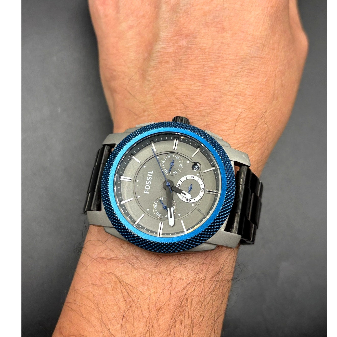 Fossil Machine FS4659 Men’s Chronograph Blue Bezel Gray Dial Black IP Watch