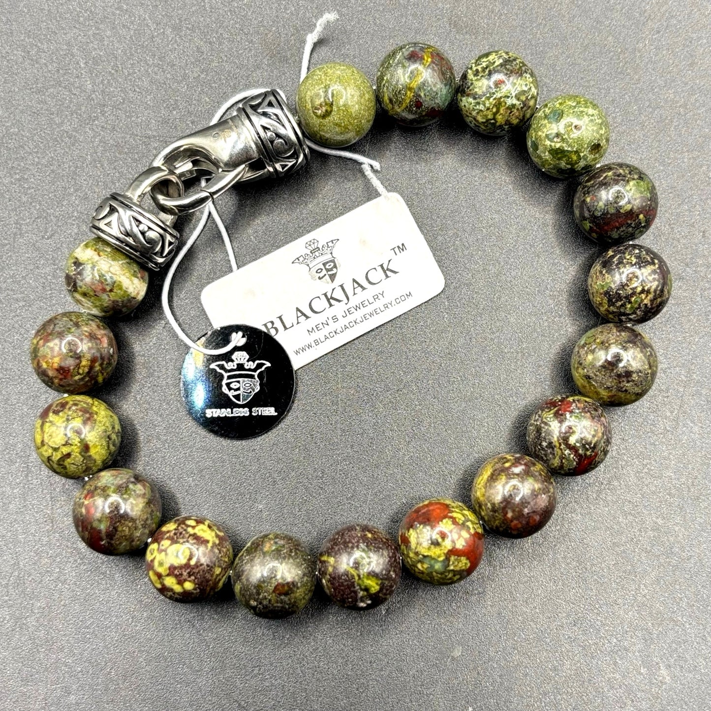Blackjack BJB244DG Men’s 10mm Dragon Stone Stainless Steel Beaded Bracelet NWT