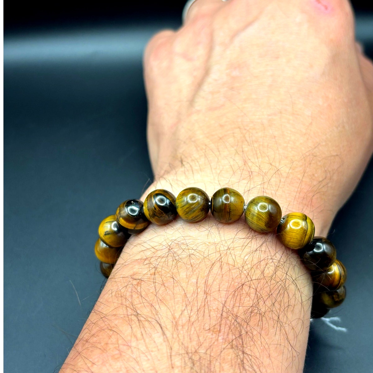 Blackjack BJS16BTE Men's Genuine 10mm Tiger Eye Stainless Steel Beaded Bracelet