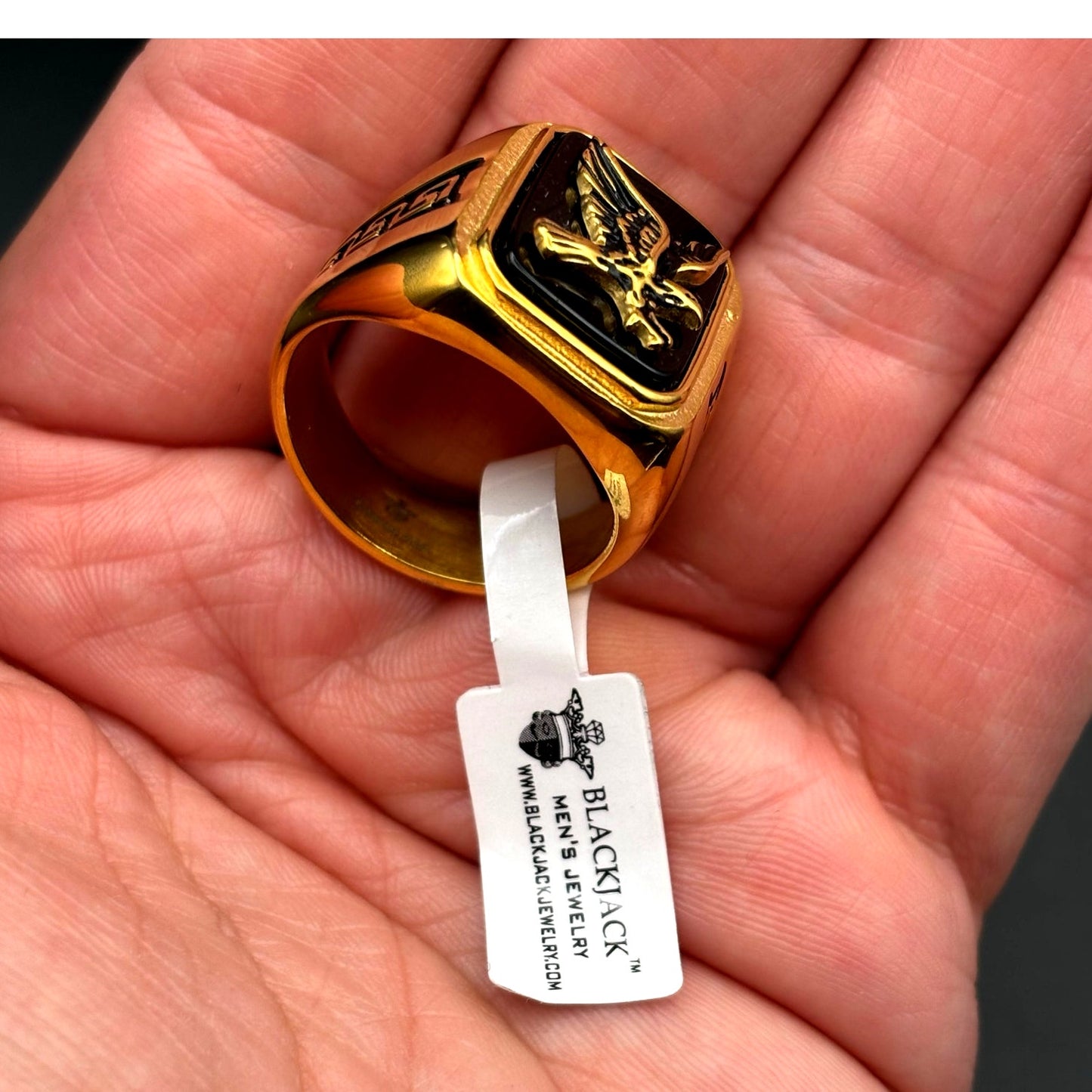 Blackjack BJZ03G Mens Onyx Eagle Ring 18K Gold Plated Stainless Steel NWT SZ#13