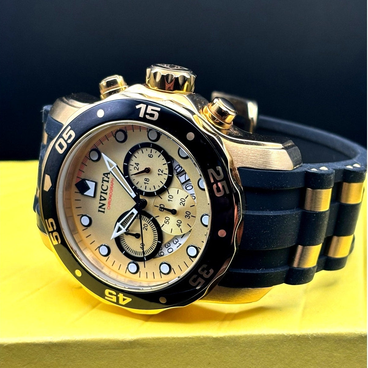 Invicta Pro Diver 17566 Men’s Chronograph Black & Gold Silicone Strap Watch NIB